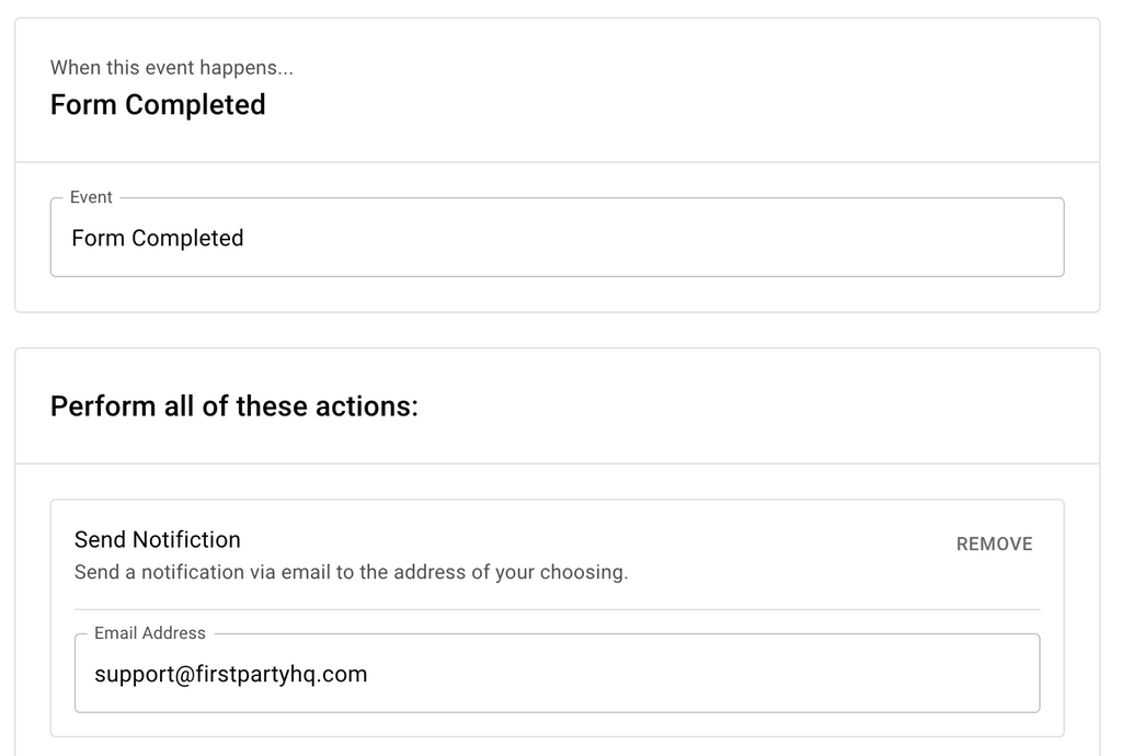 Image depicting a Firstparty marketing automation workflow, with a criteria requiring a &quot;Form Completed&quot; event in order for a &quot;Send Notification&quot; action to fire.